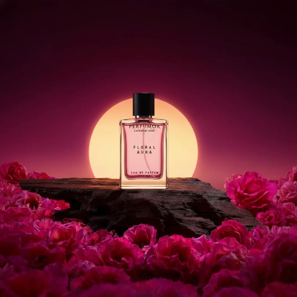 Perfumor luxury fragrance bottle with amber liquid